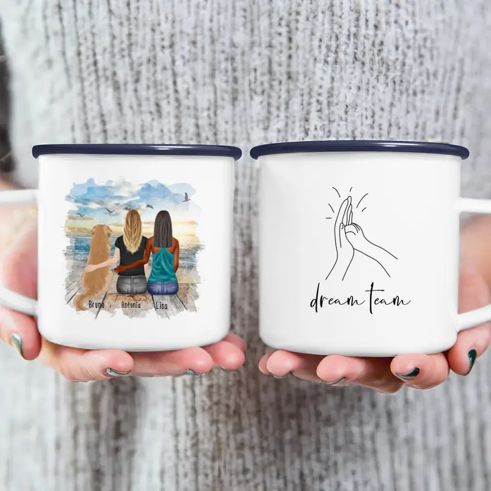 Personalisierte Tasse mit Hund und Frauen (1 Hund + 2 Frauen)