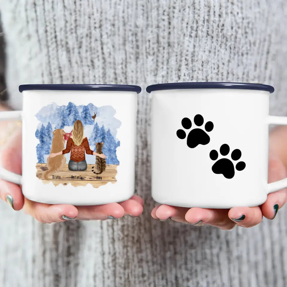 Personalisierte Tasse mit Hund/Katze/Frau (1 Hunde + 1 Katze + 1 Frau) - Weihnachtstasse