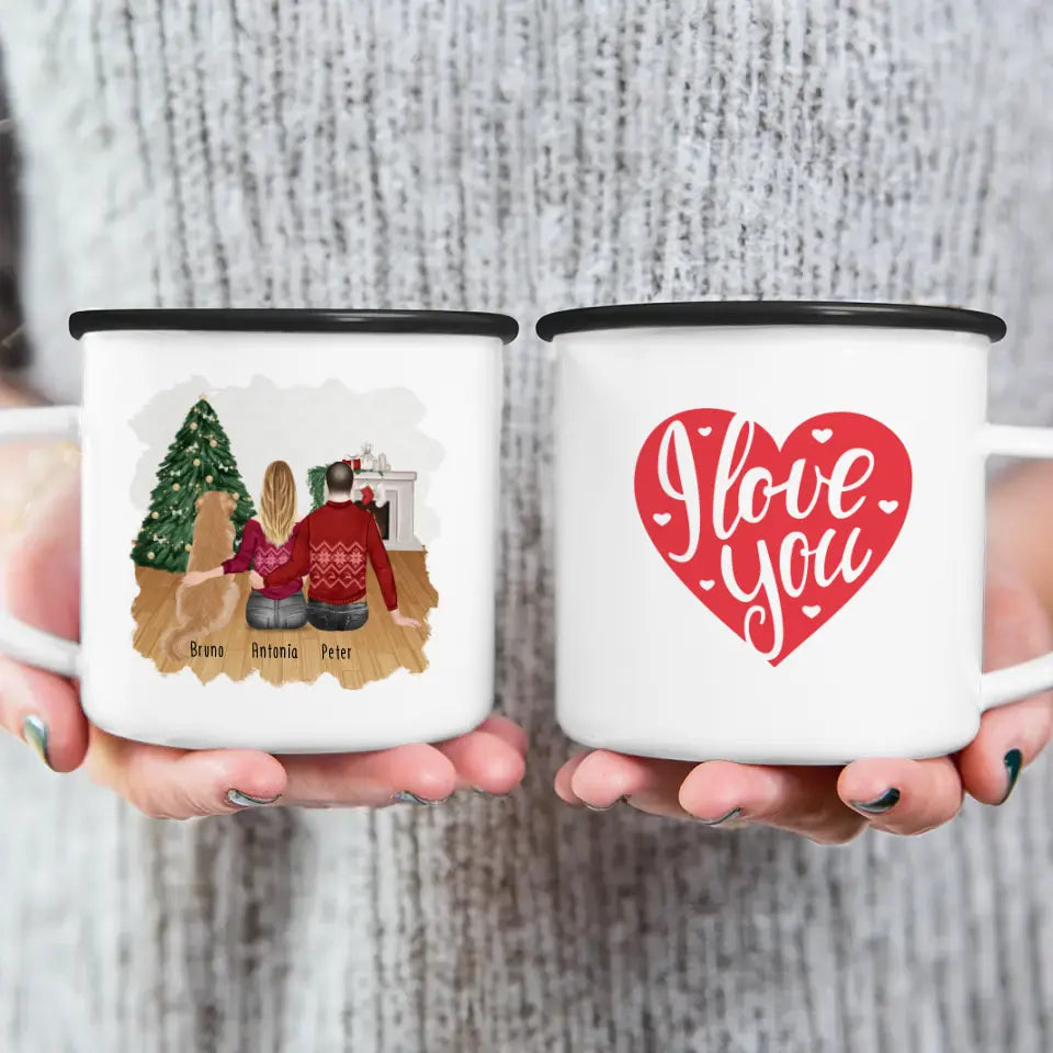 Personalisierte Tasse mit Pärchen und 1 Hund - Weihnachtstasse