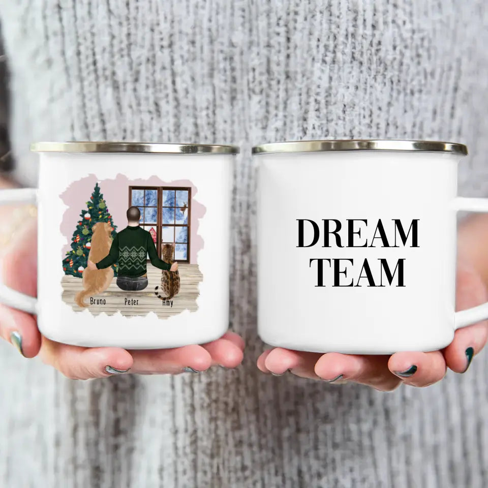 Personalisierte Tasse mit Hund, Katze und Mann (1 Hund + 1 Katze + 1 Mann) - Weihnachtstasse