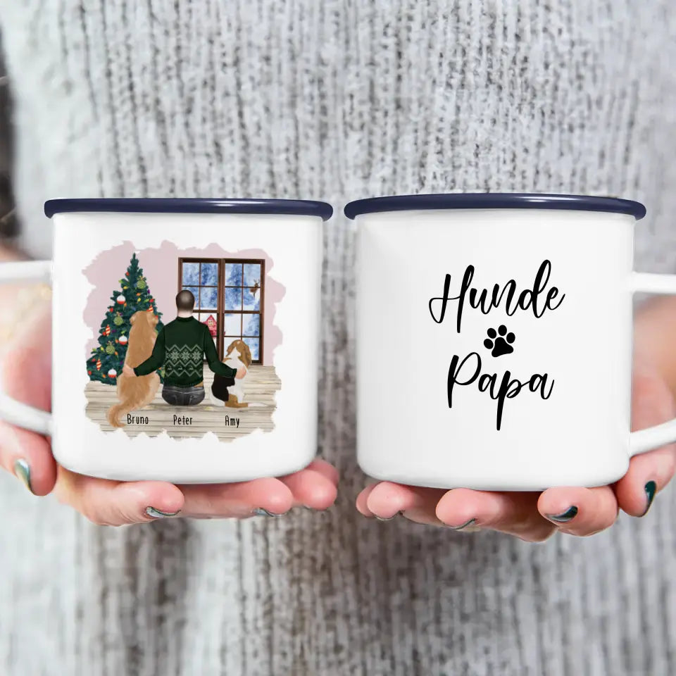 Personalisierte Tasse mit Hund und Mann (2 Hunde + 1 Mann) - Weihnachtstasse