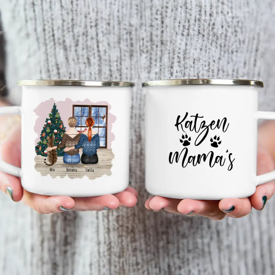 Personalisierte Tasse mit Katze und Frauen (1 Katze + 2 Frauen) - Weihnachtstasse