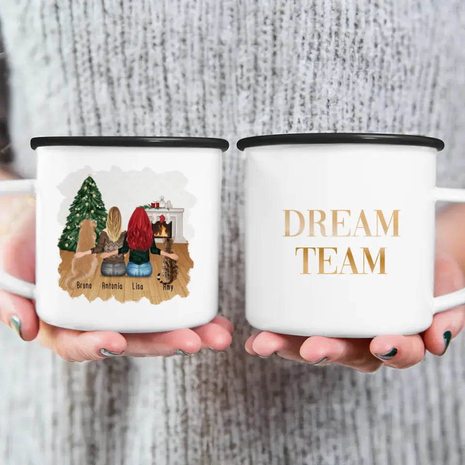 Personalisierte Tasse mit Hund, Katze und Frauen (1 Hund + 1 Katze + 2 Frauen) - Weihnachtstasse