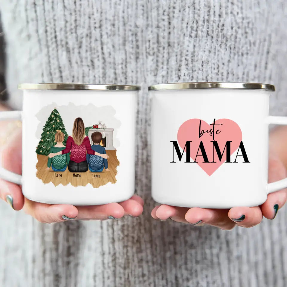 Personalisierte Tasse mit Mutter und Kindern (2 Kinder + 1 Mutter) - Weihnachtstasse