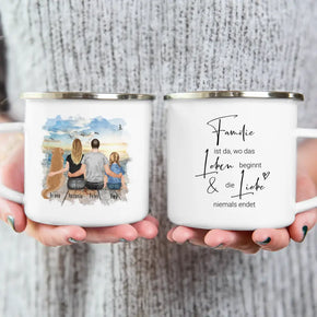 Personalisierte Tasse mit Familie + 1 Hund (1 Kind)