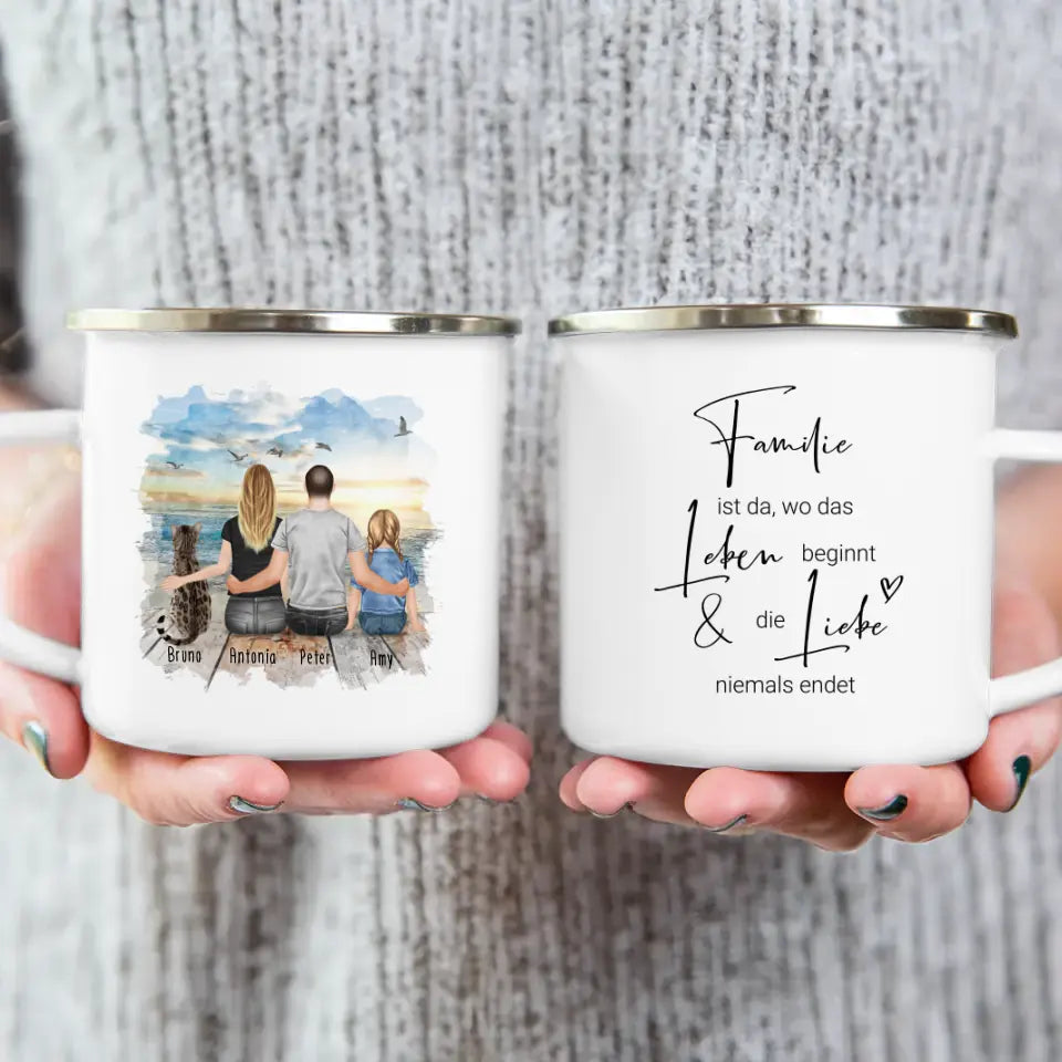 Personalisierte Tasse mit Familie + 1 Katze (1 Kind)