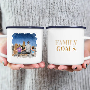 Personalisierte Tasse mit Familie + 1 Hund (1 Baby + 1 Kind)