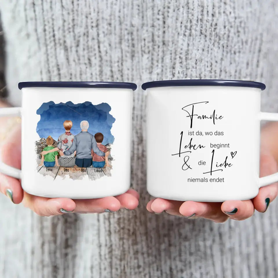 Personalisierte Tasse für Oma und Opa (1 Kleinkind + 1 Kind + 1 Oma + 1 Opa)