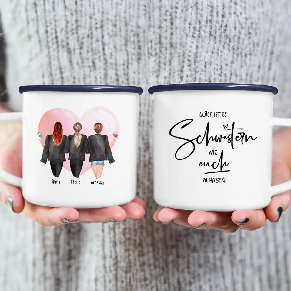 Personalisierte Tasse - Beste Schwestern mit Jacken (3 Schwestern)