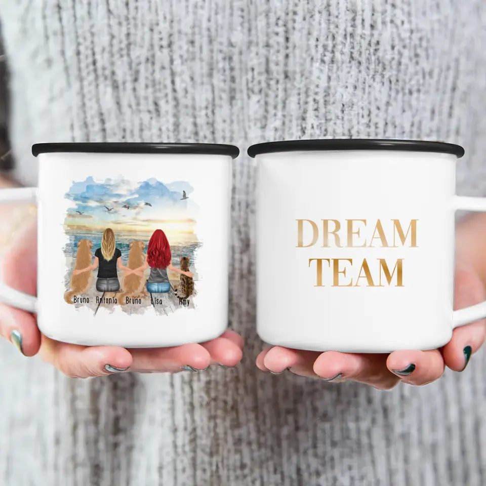 Personalisierte Tasse 2 Frauen + 2 Hunde + 1 Katze