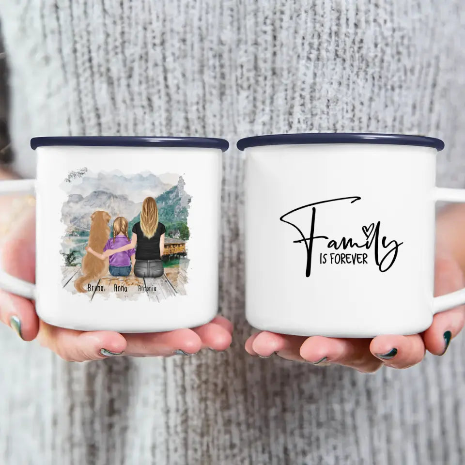 Personalisierte Tasse mit 1 Frau + 1 Kind + 1 Hund