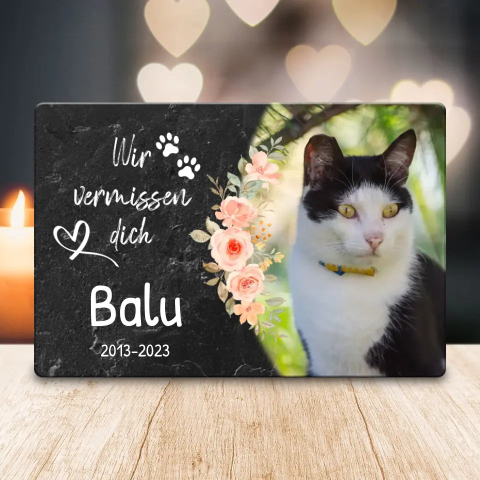 Personalisiertes Trauerschild mit Trauerspruch für Katze - Ich/Wir vermissen dich