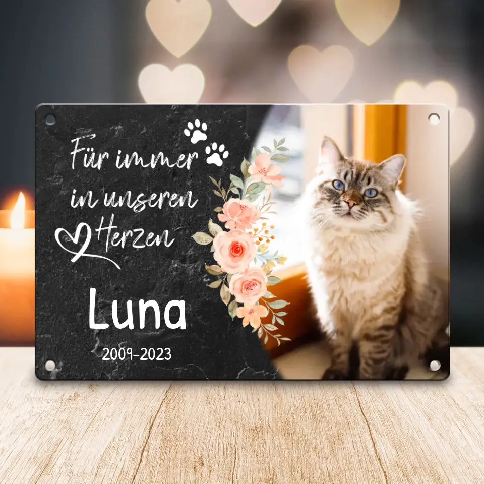 Personalisiertes Trauerschild mit Trauerspruch für Katze - Für immer in meinem/unseren Herzen