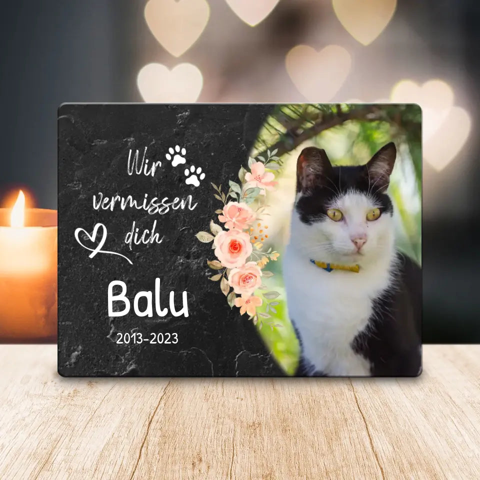 Personalisiertes Trauerschild mit Trauerspruch für Katze - Ich/Wir vermissen dich