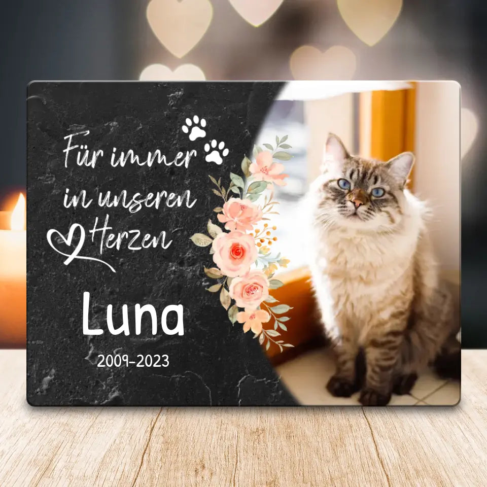 Personalisiertes Trauerschild mit Trauerspruch für Katze - Für immer in meinem/unseren Herzen