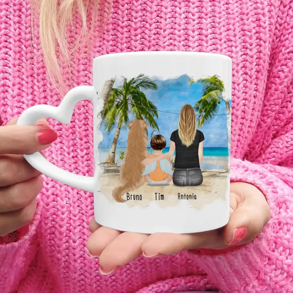 Personalisierte Tasse -  1 Mama + 1 Baby mit Engelsflügeln + 1 Hund