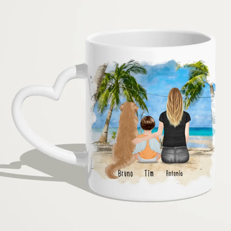 Personalisierte Tasse -  1 Mama + 1 Baby mit Engelsflügeln + 1 Hund