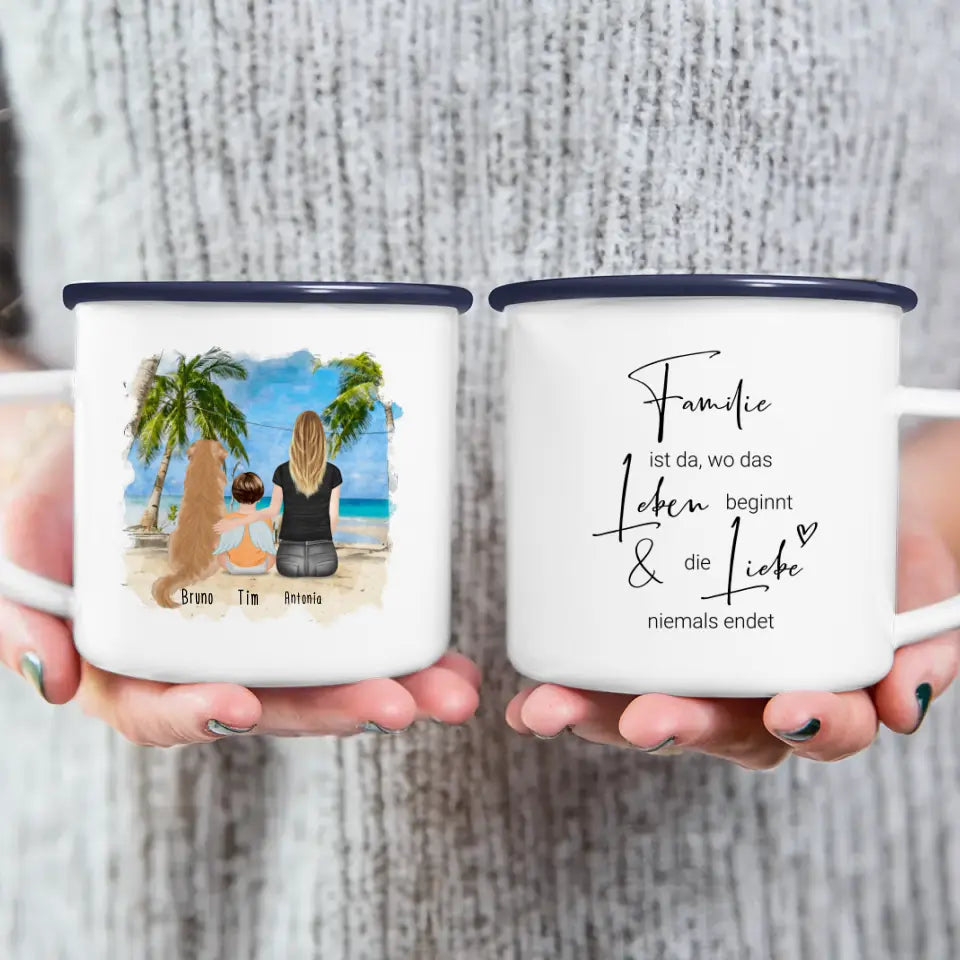 Personalisierte Tasse -  1 Mama + 1 Baby mit Engelsflügeln + 1 Hund