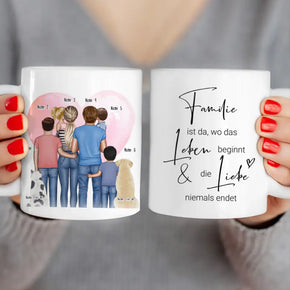 Personalisierte Tasse - Familie + 1-4 Kinder + 1-2 Hunde/Katzen