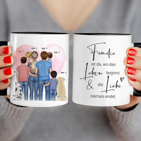 Personalisierte Tasse - Familie + 1-4 Kinder + 1-2 Hunde/Katzen