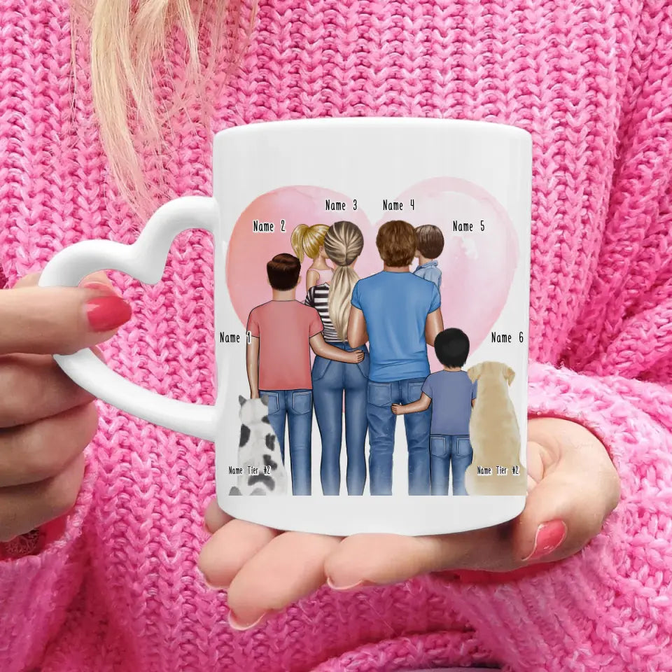 Personalisierte Tasse - Familie + 1-4 Kinder + 1-2 Hunde/Katzen