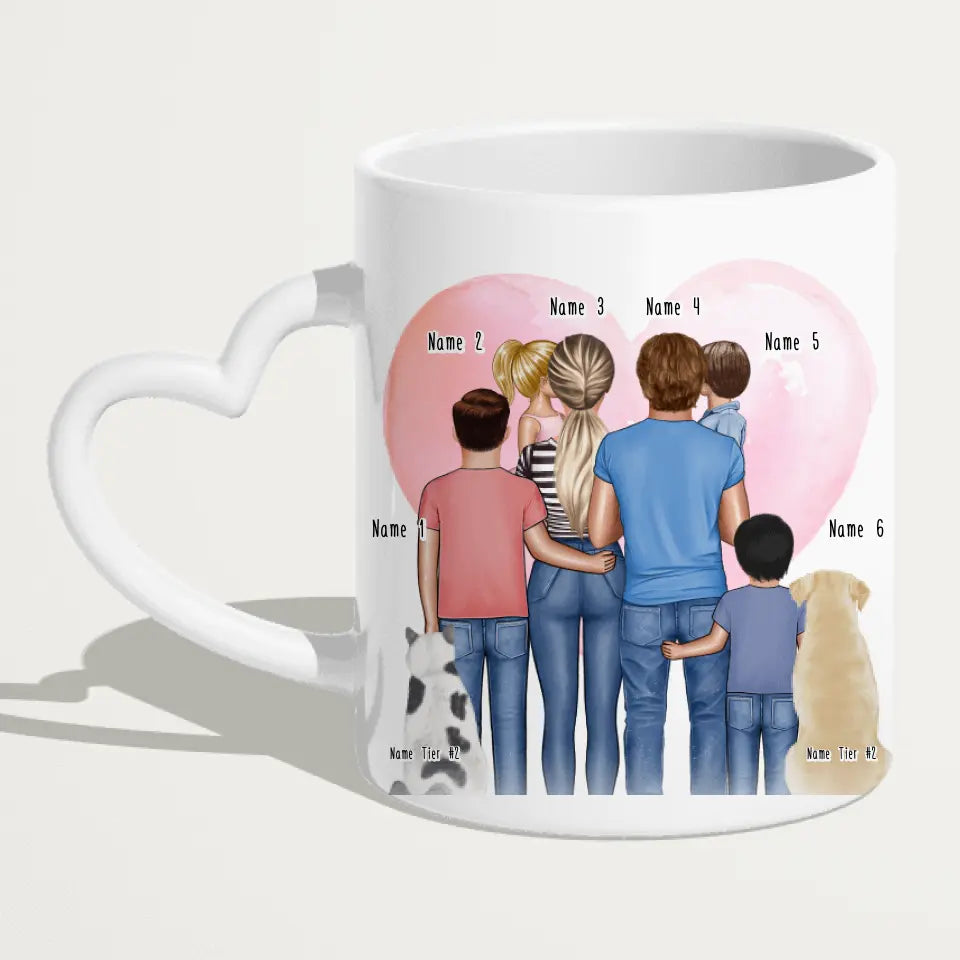 Personalisierte Tasse - Familie + 1-4 Kinder + 1-2 Hunde/Katzen