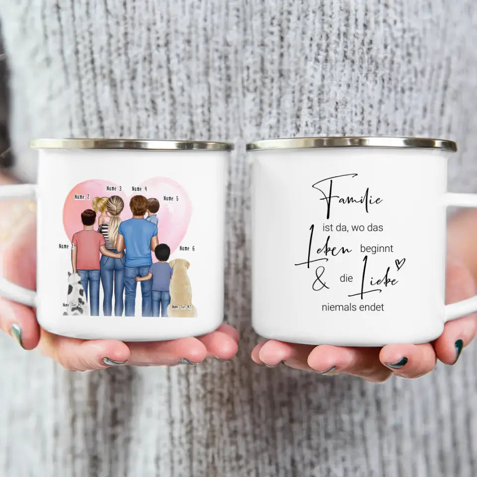 Personalisierte Tasse - Familie + 1-4 Kinder + 1-2 Hunde/Katzen