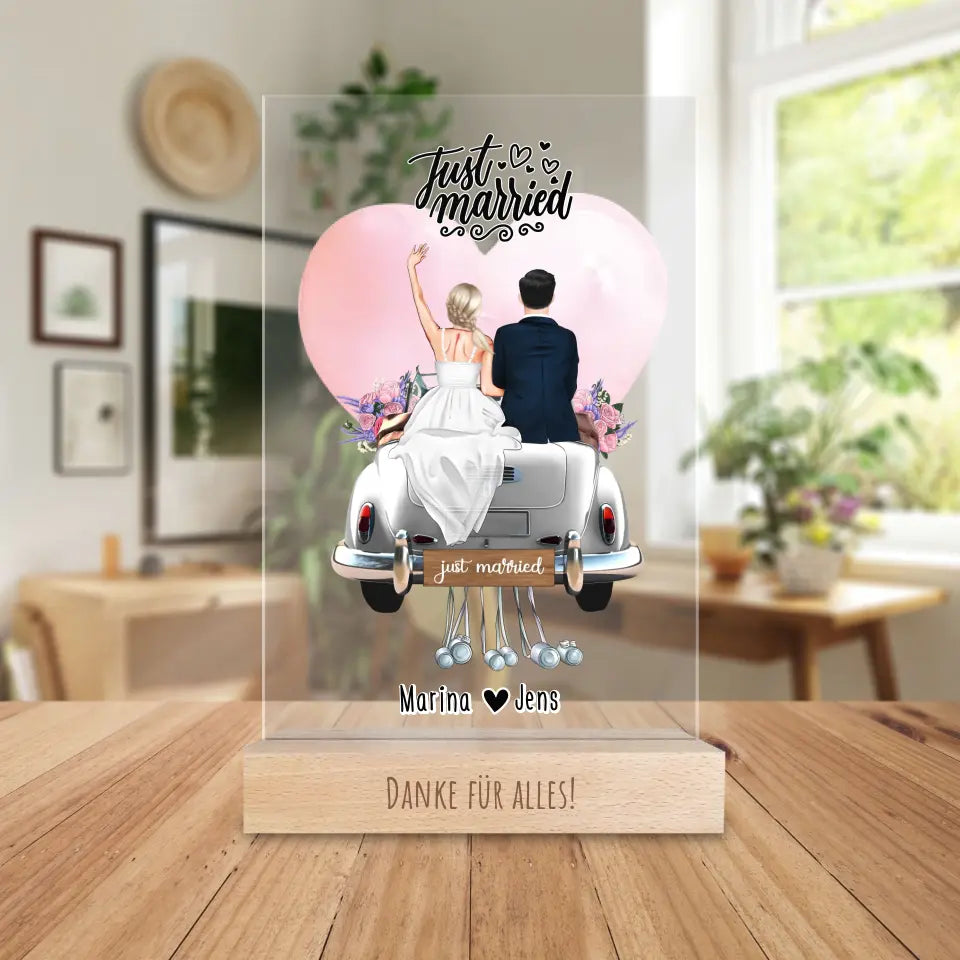 Personalisierte Acrylglasplatte - Hochzeitspaar auf Auto - Hochzeitsgeschenk