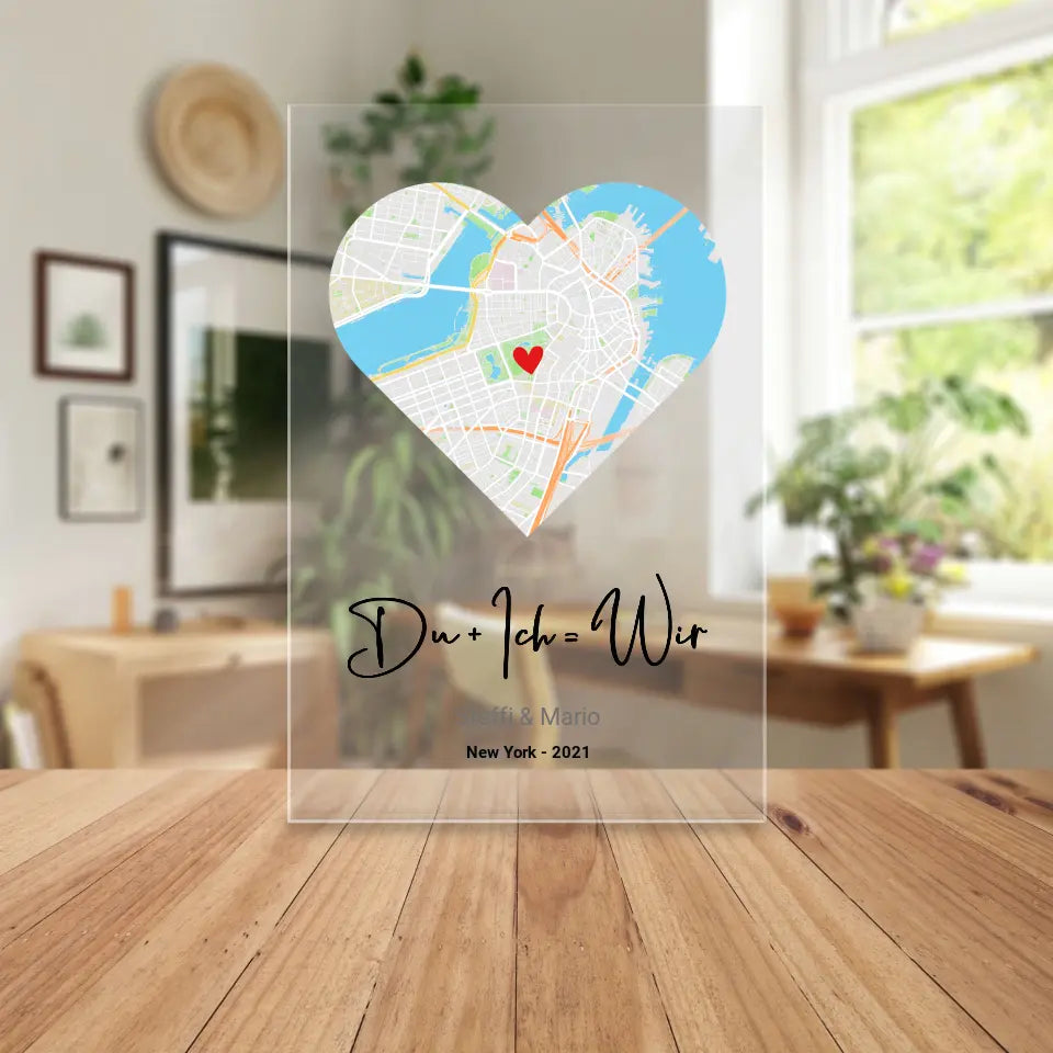 Personalisierte Acrylglasplatte mit Karte in Herzform, Spruch, Namen & Ort