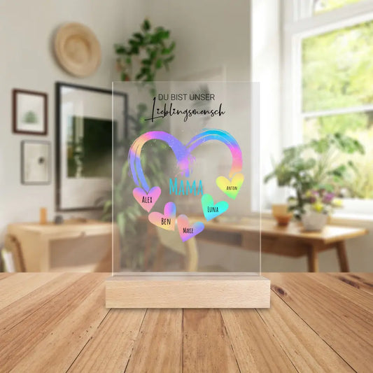 Personalisierte Acrylglasplatte - Herz mit 1-10 Namens-Herzen/Händen