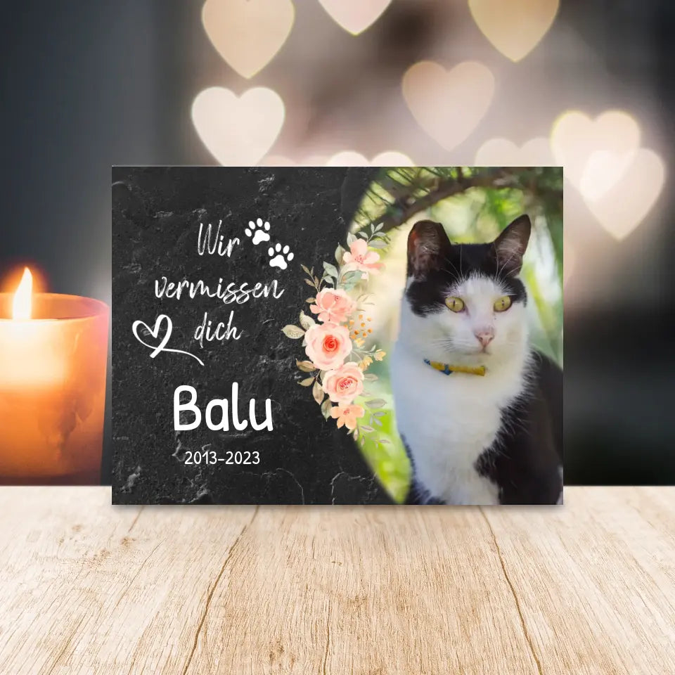 Personalisiertes Trauerschild mit Trauerspruch für Katze - Ich/Wir vermissen dich