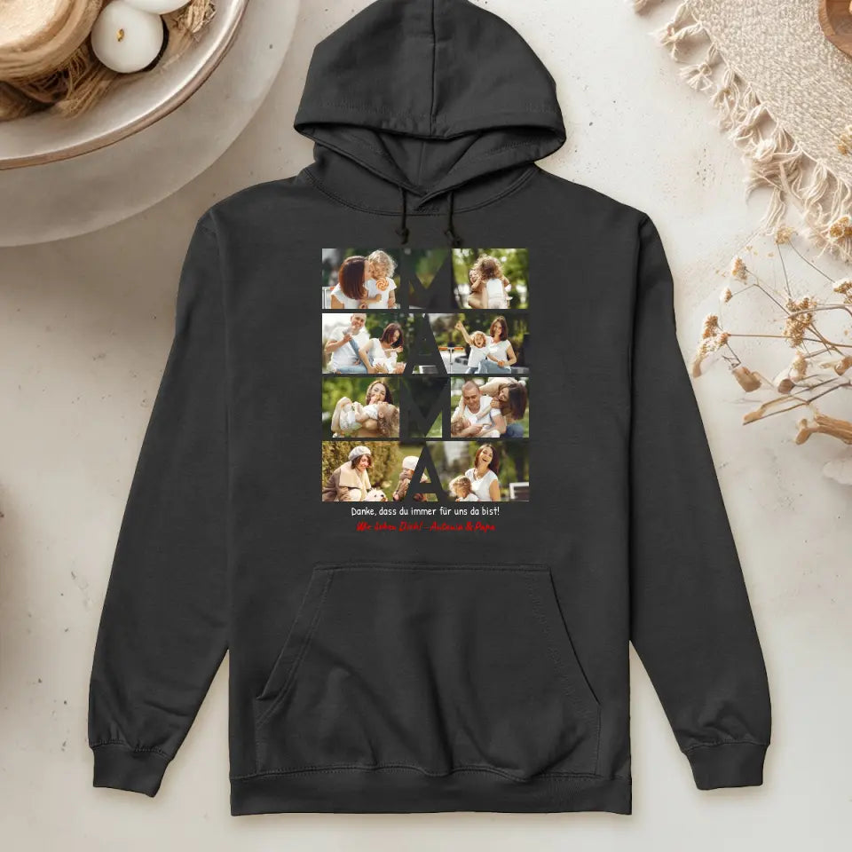 Personalisierter Hoodie - MAMA Schriftzug und Collage mit 8 Bildern