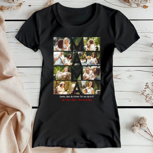 Personalisiertes T-Shirt - MAMA Schriftzug und Collage mit 8 Bildern