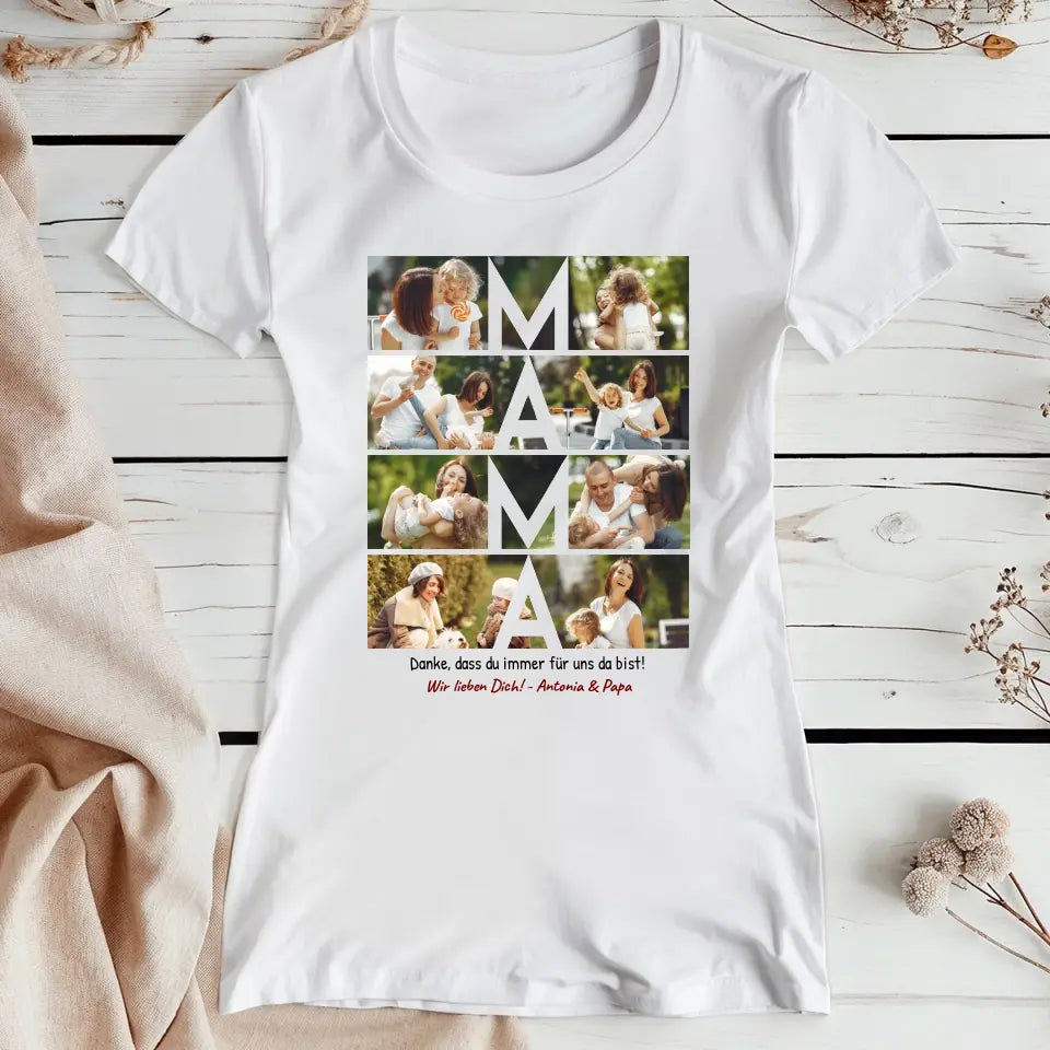 Personalisiertes T-Shirt - MAMA Schriftzug und Collage mit 8 Bildern