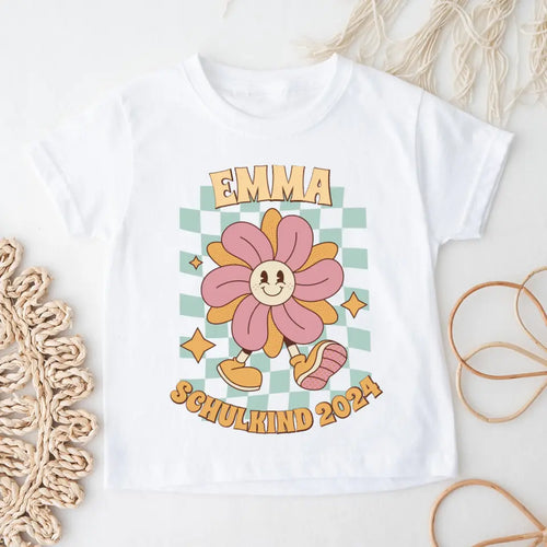 Personalisiertes Kinder T-Shirt - Retro Blumensmiley Schulkind mit Name und Jahr