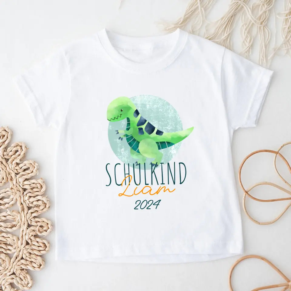 Personalisiertes Kinder T-Shirt - Schulkind mit Name, Jahr & Dinosaurier