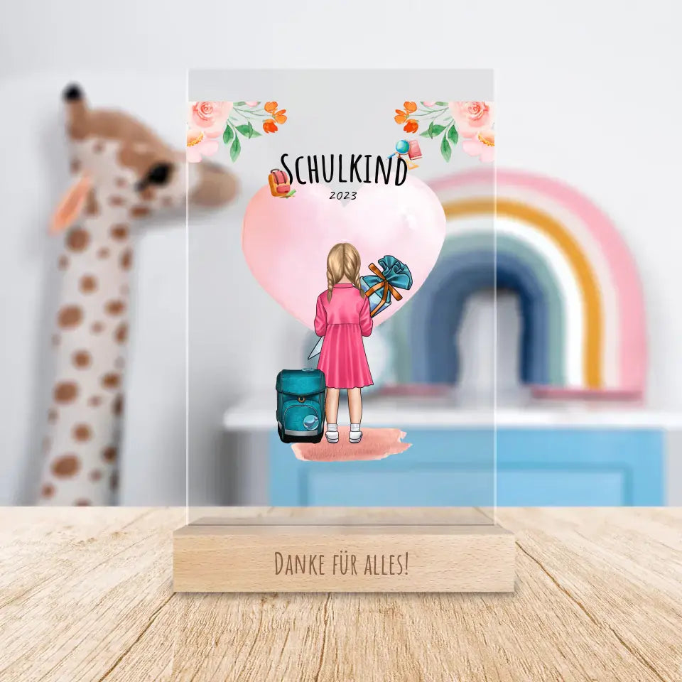 Personalisierte Acrylglasplatte - Geschenk zur Einschulung (1 Mädchen)