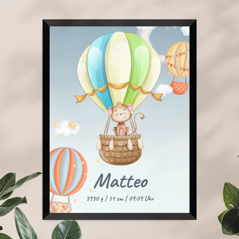 Personalisiertes Baby/Kinder Poster -  Heißluftballon mit schlafenden Tieren + Kindernamen