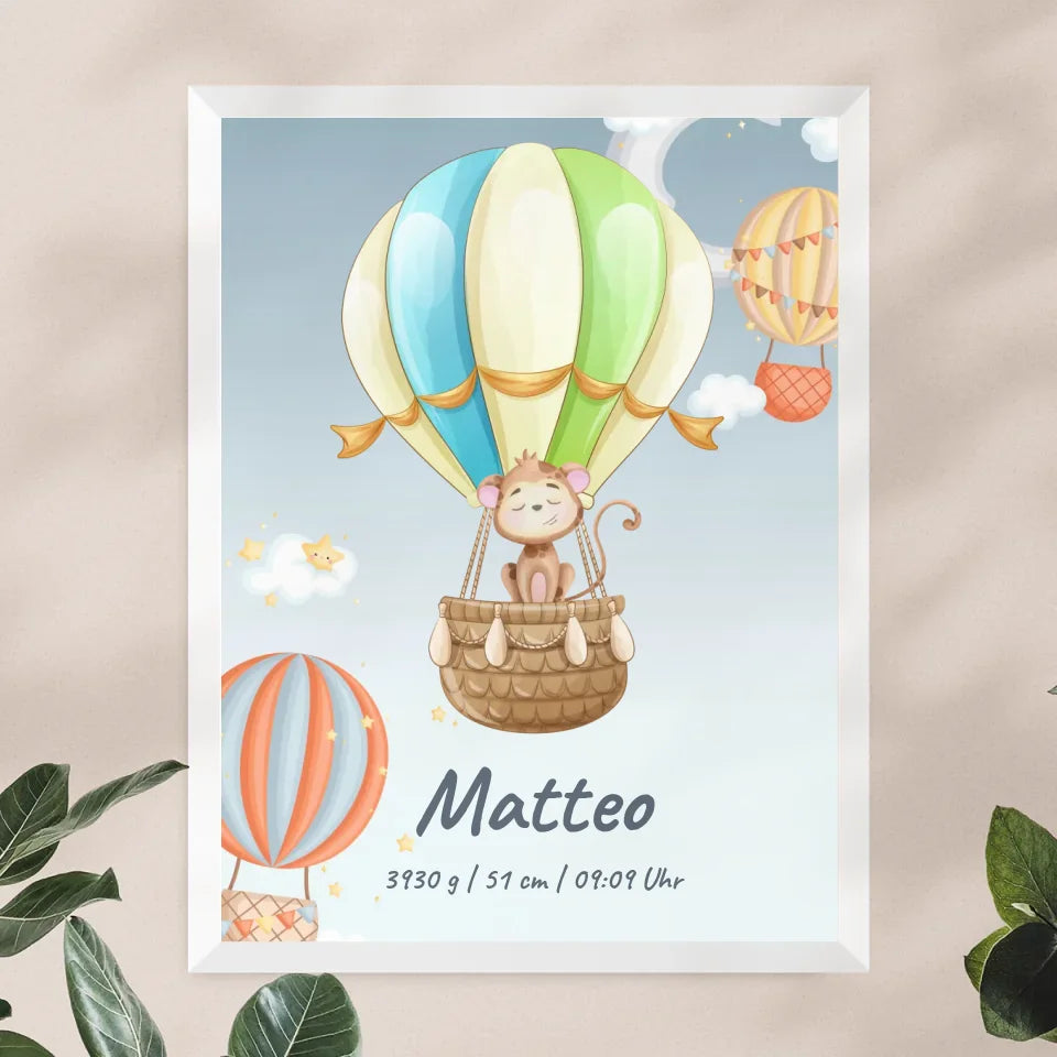 Personalisiertes Baby/Kinder Poster -  Heißluftballon mit schlafenden Tieren + Kindernamen