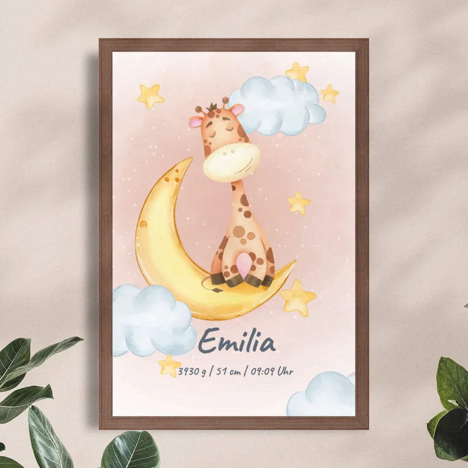 Personalisiertes Baby/Kinder Poster - Mond mit schlafenden Tieren + Kindernamen