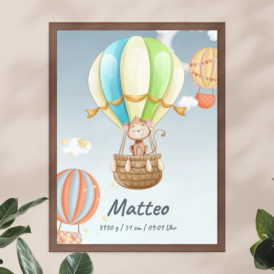 Personalisiertes Baby/Kinder Poster -  Heißluftballon mit schlafenden Tieren + Kindernamen