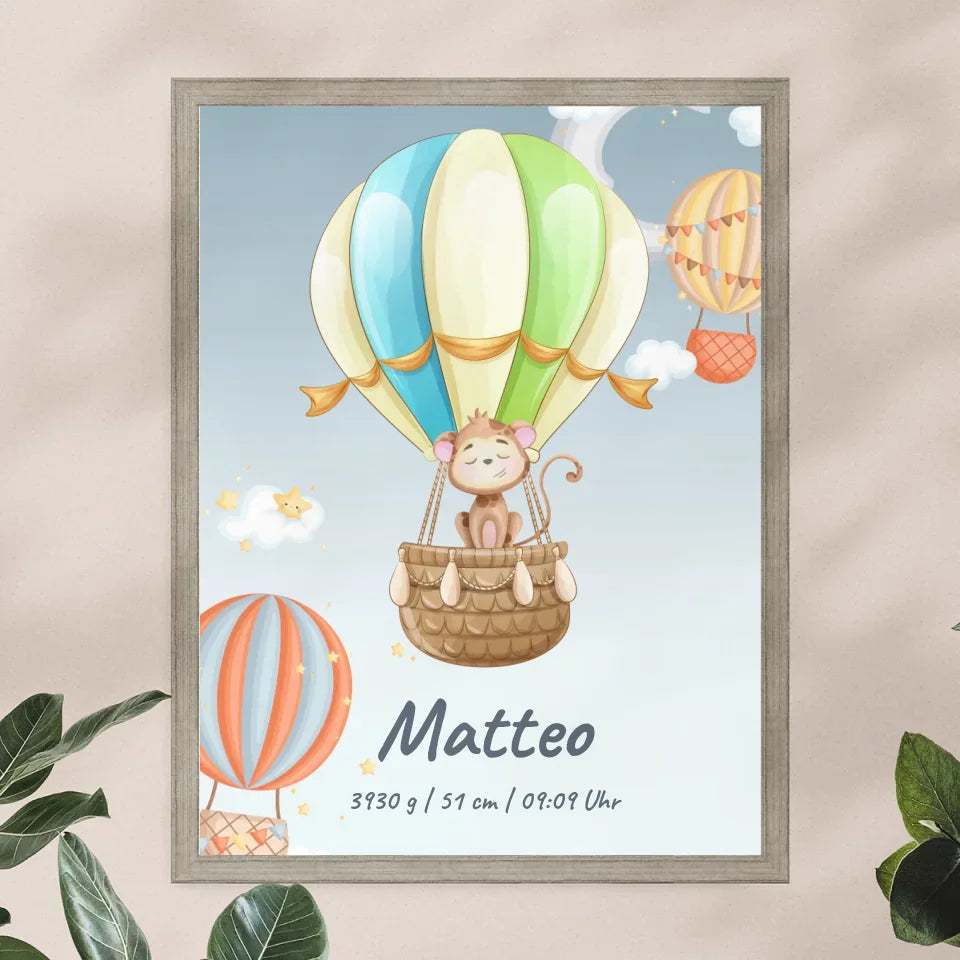 Personalisiertes Baby/Kinder Poster -  Heißluftballon mit schlafenden Tieren + Kindernamen