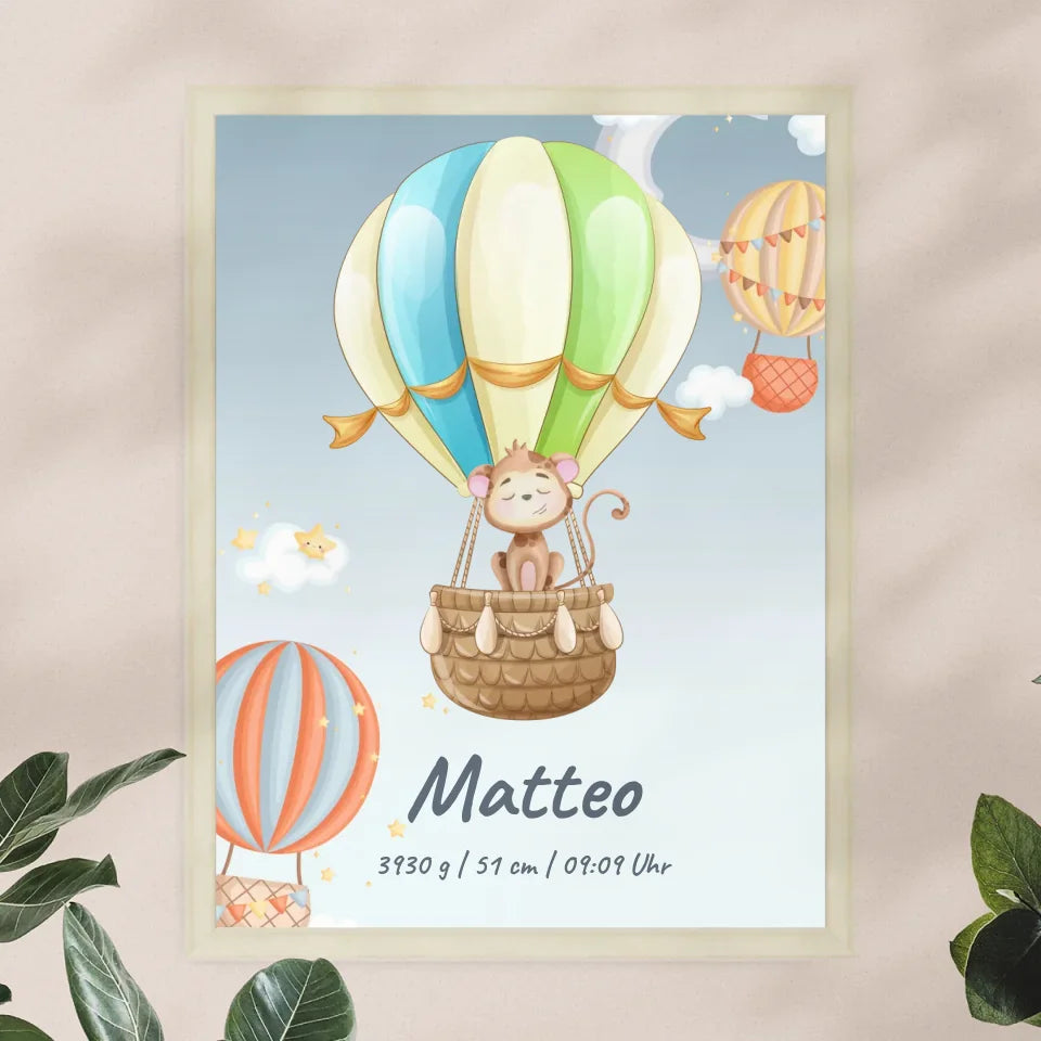 Personalisiertes Baby/Kinder Poster -  Heißluftballon mit schlafenden Tieren + Kindernamen