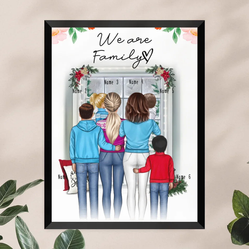 Personalisiertes Poster - Familie (lesbisch/gleichgeschlechtlich) + 1-4 Kinder - Weihnachtsposter