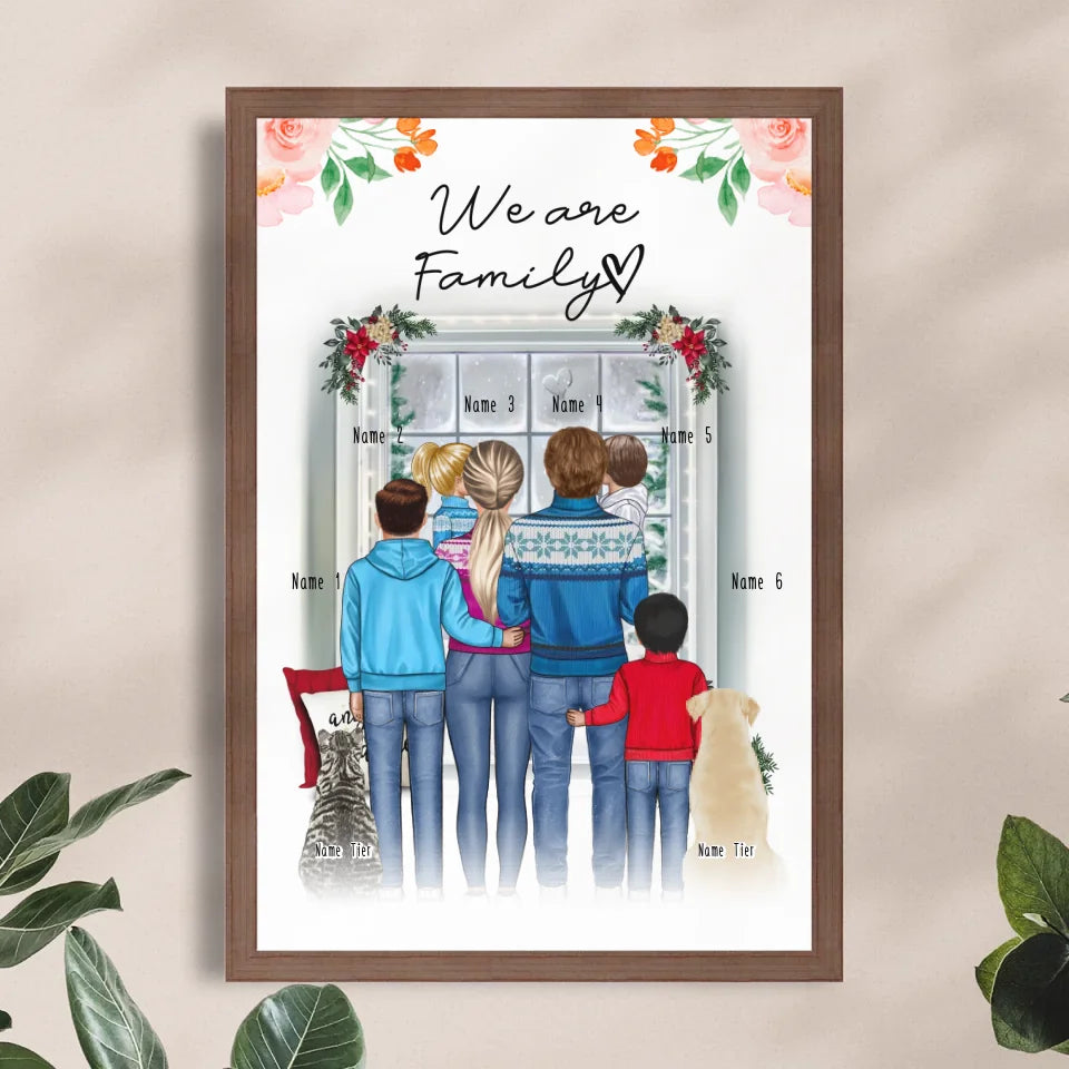 Personalisiertes Poster - Familie + 1-4 Kinder + 1-2 Hunde/Katzen - Weihnachtsposter