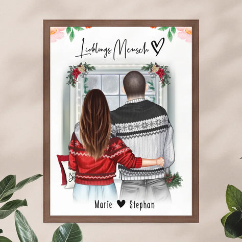 Personalisiertes Poster mit Paar in Weihnachtspullovern (stehend) - Pärchen Poster - Weihnachtsposter