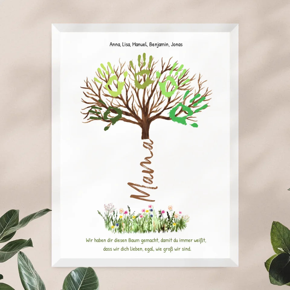 Personalisiertes Poster - "Wir lieben dich, egal, wie groß wir sind" - Baum für Mama/Papa mit Handabdrücken