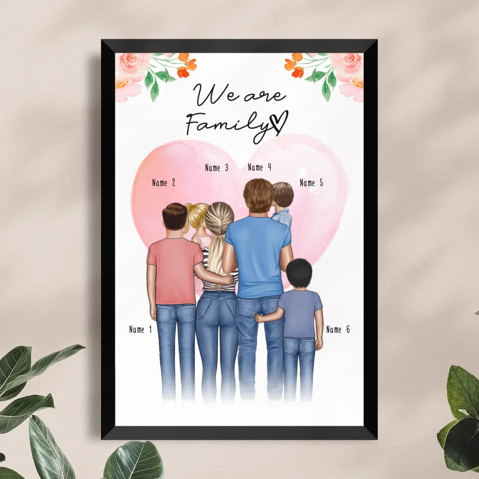 Personalisiertes Poster - Familie + 1-4 Kinder (Frau kleiner als Mann)