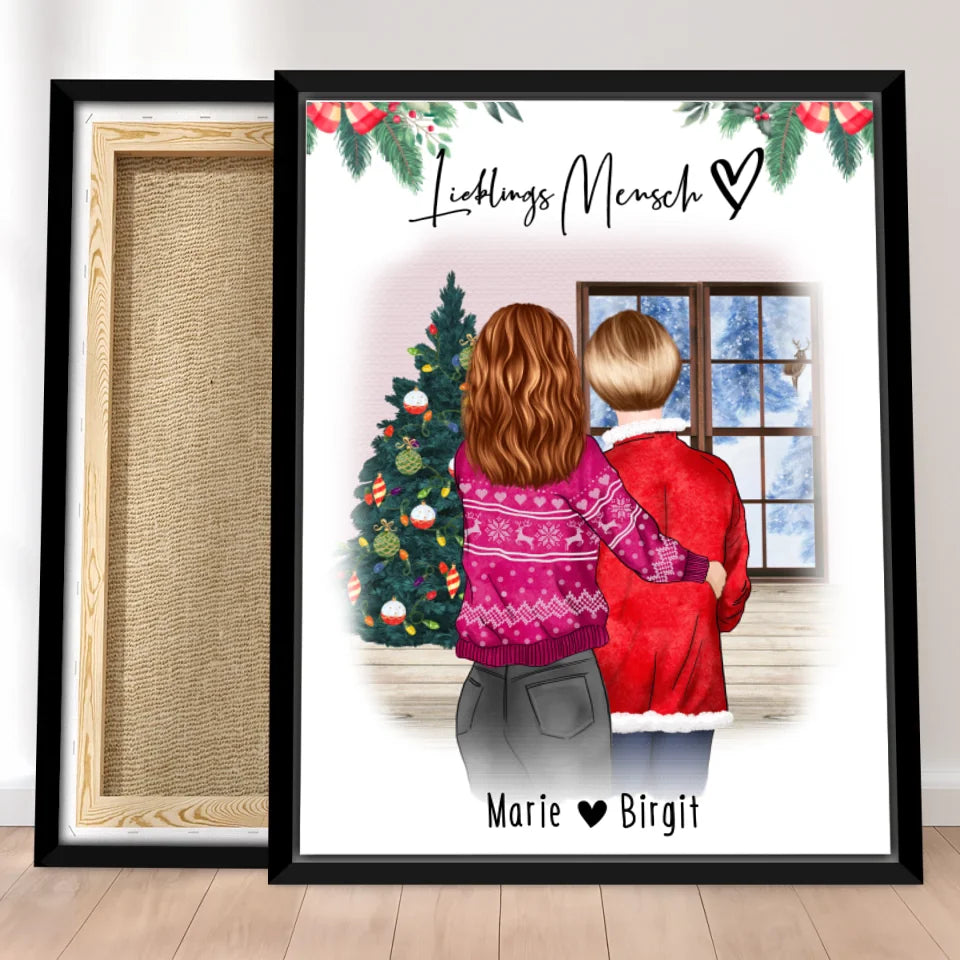 Personalisierte Leinwand - Mutter/Mama + Tochter (stehend) - Weihnachtsleinwand