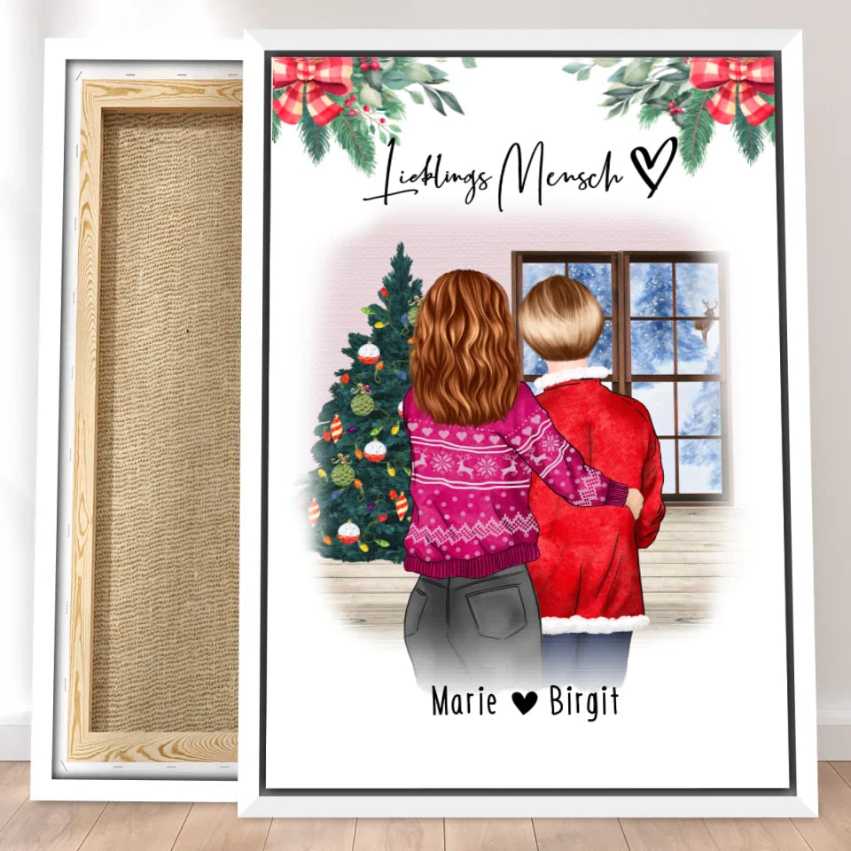 Personalisierte Leinwand - Mutter/Mama + Tochter (stehend) - Weihnachtsleinwand